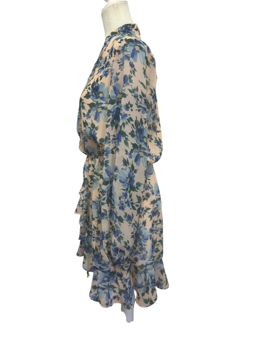 Alexa Admor Floral Mini Dress Blue Blush Elastic Waist Sheer Sleeve Womens sz 2 - Picture 6 of 13